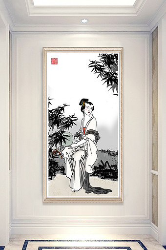 中国风水墨工笔美女人物风景玄关装饰画图片