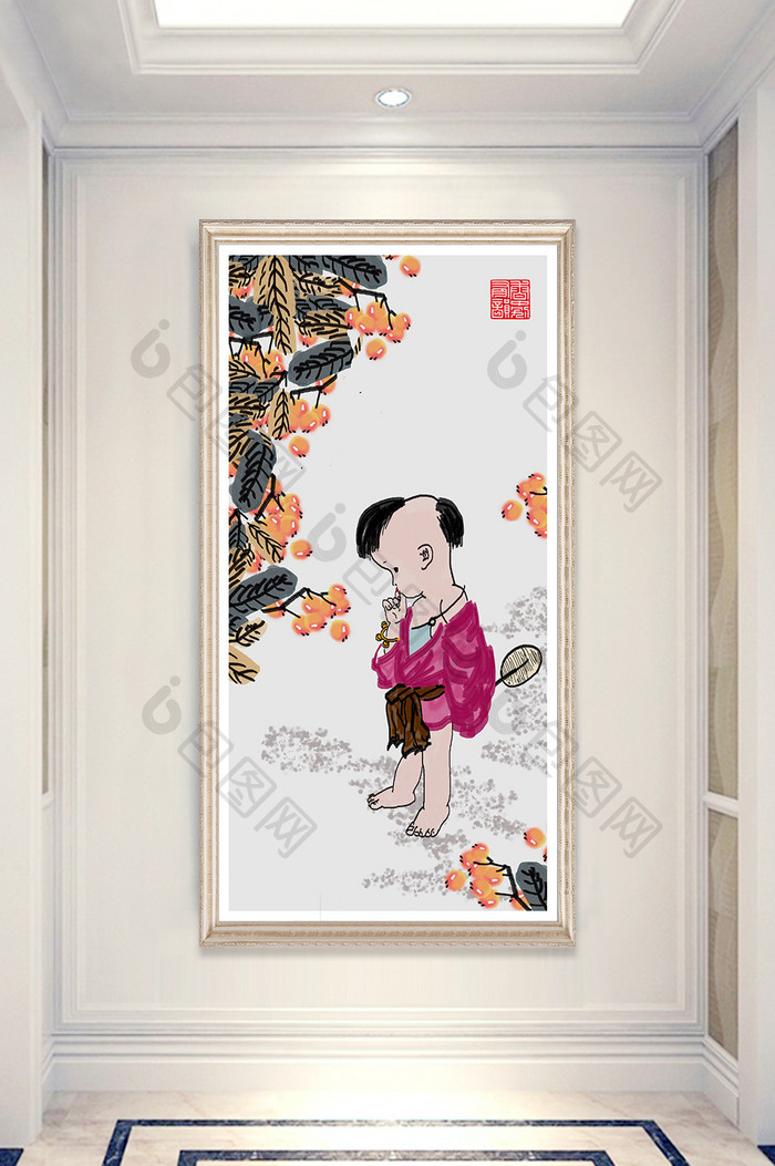 中国风水墨娃娃植物风景玄关装饰画