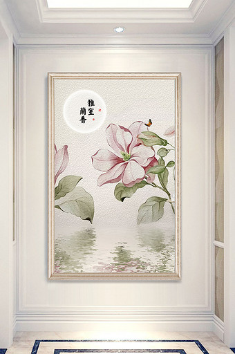 中式水彩画月亮书法倒影油画玄关背景图片