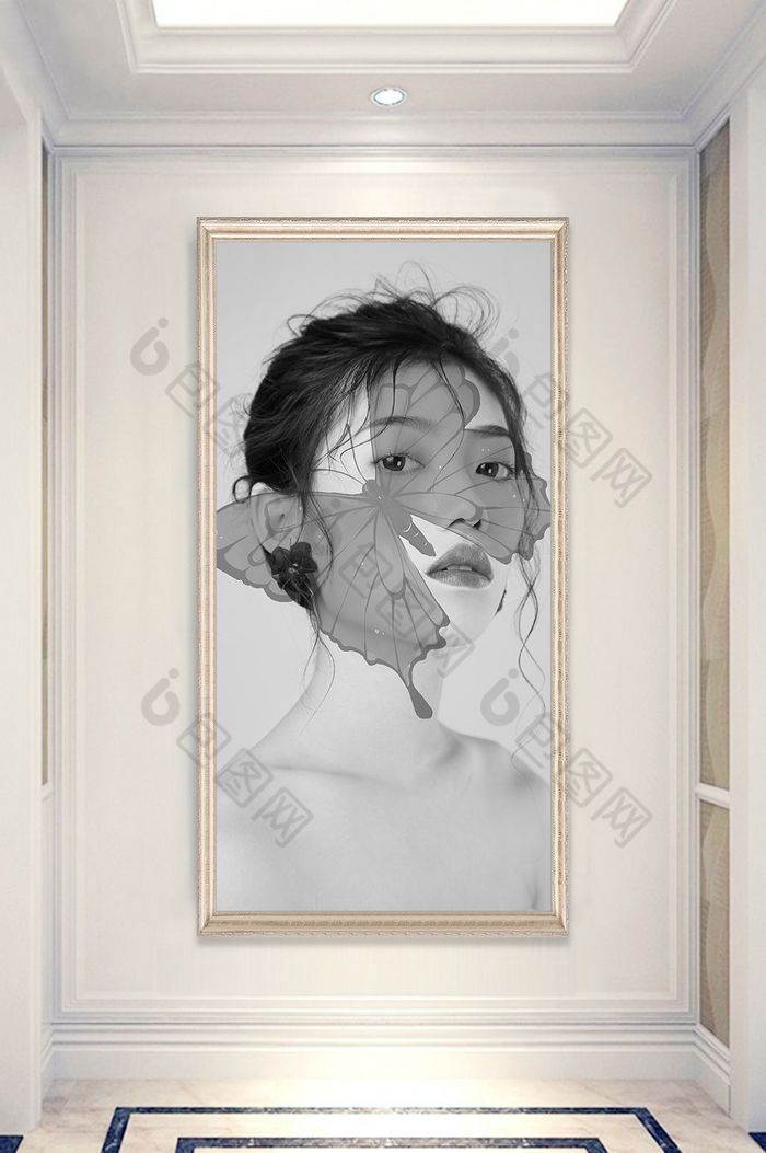 现代北欧黑白美女玄关装饰画-现代北欧黑白美女玄关装饰画效果图-【包图网】