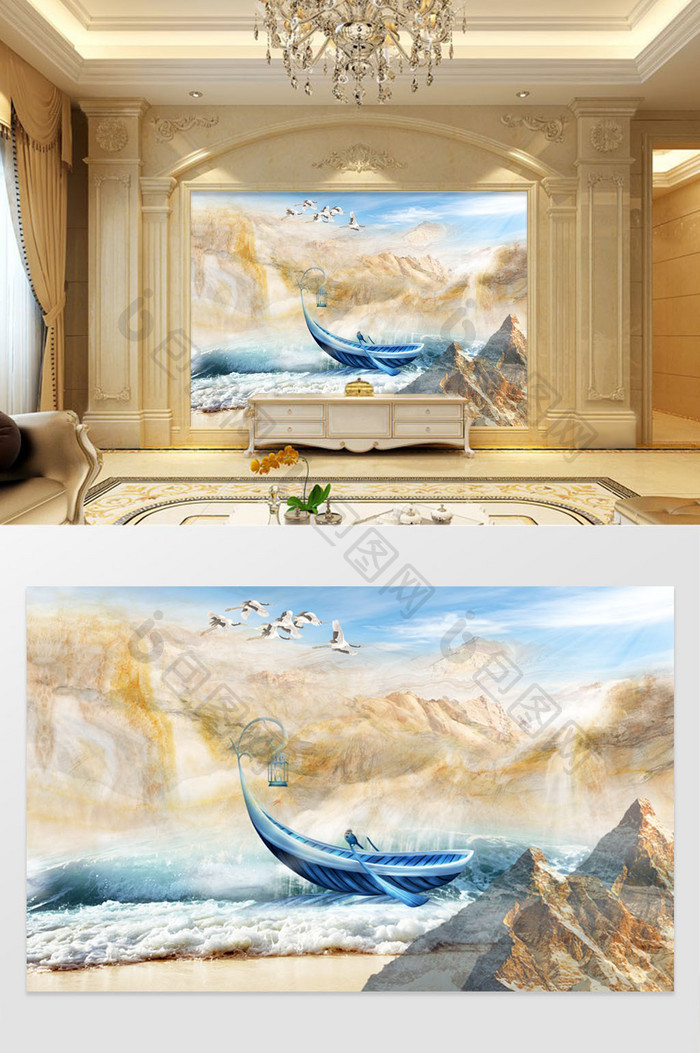 高清3D大理石纹创意小船山水电视背景墙