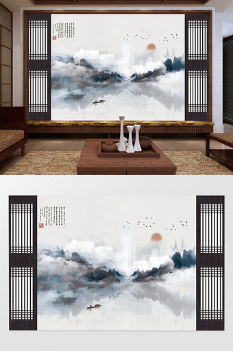 新中式黑白抽象意境禅意水墨山水电视背景墙图片