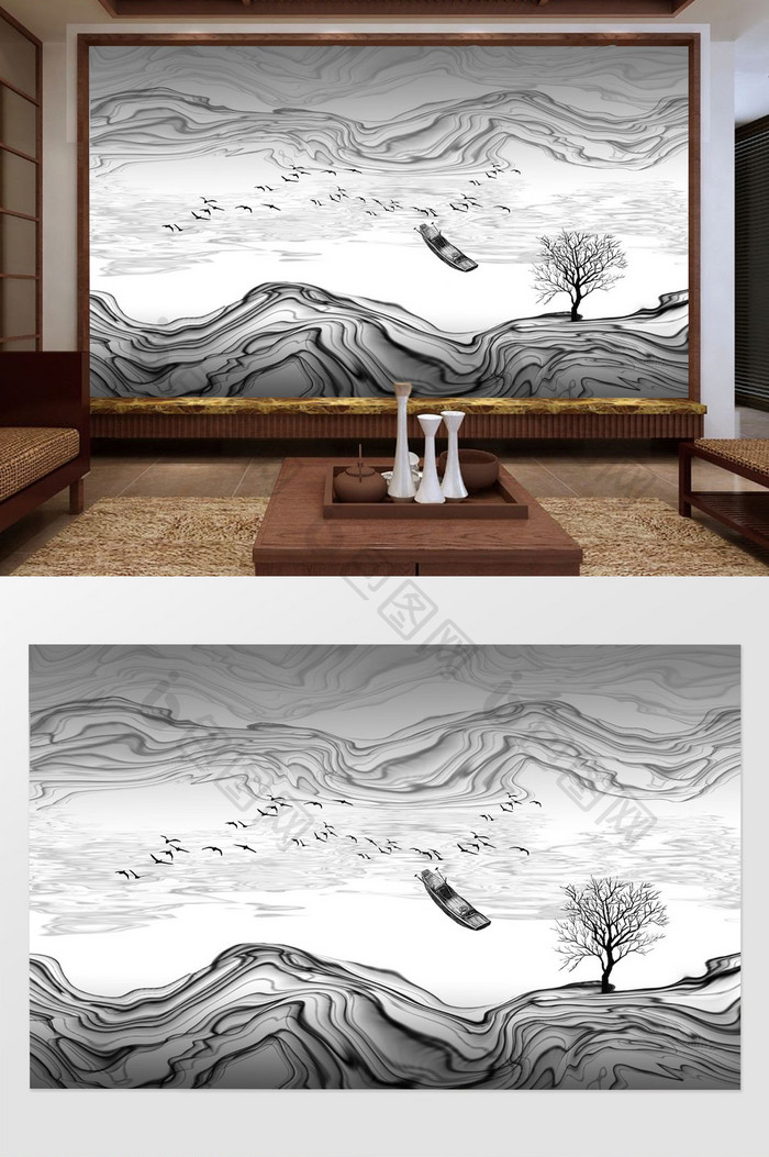 新中式抽象线条山水画背景墙壁画