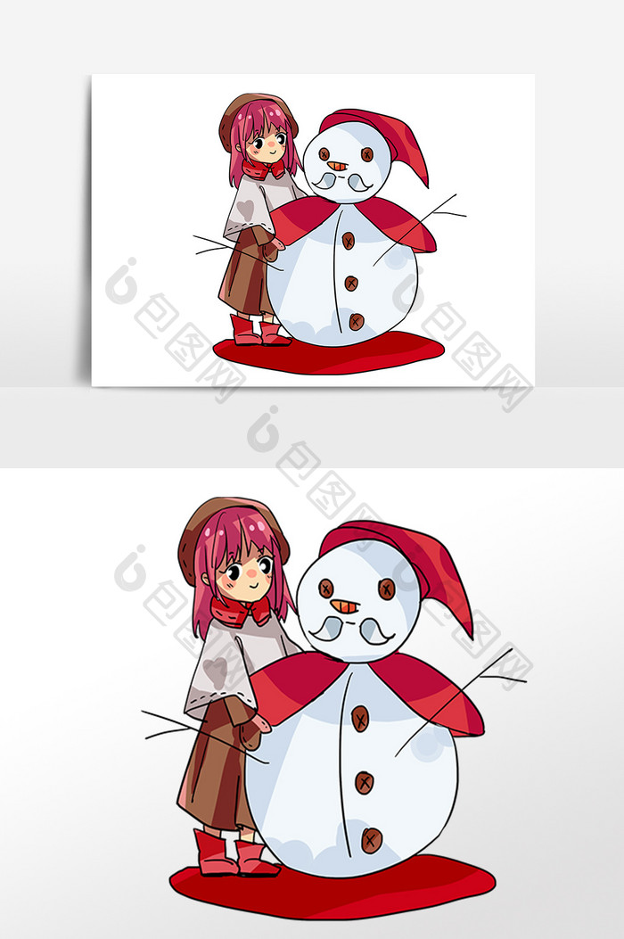 圣诞小女孩和雪人插画