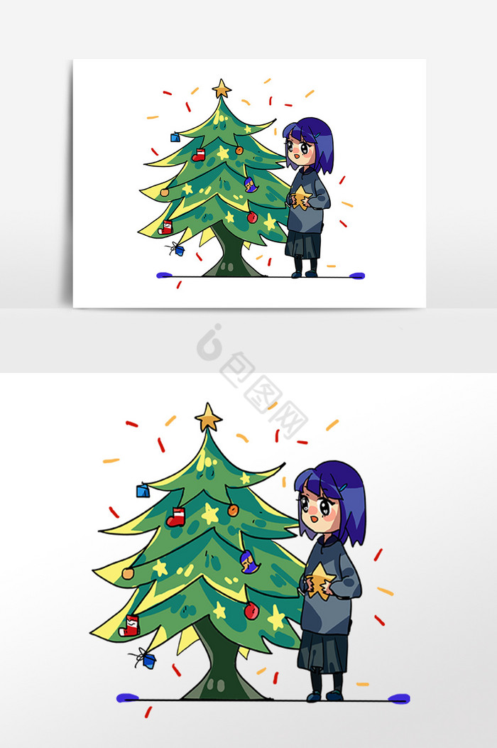 圣诞树和小女孩插画图片