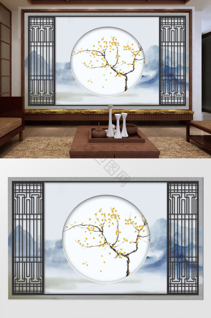 中式意境大气蓝色水墨山银杏叶花枝背景墙图片