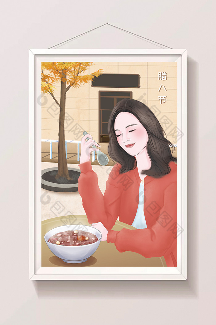 暖色腊八节吃腊八粥的女孩插画图片图片
