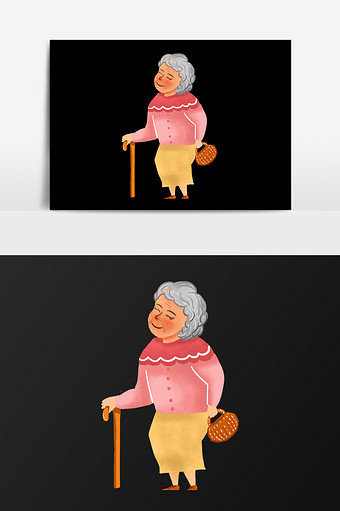 手绘拄拐杖奶奶插画元素图片