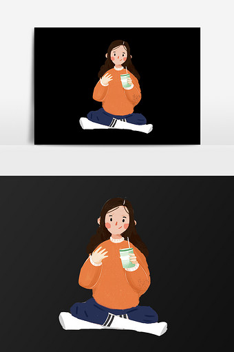 手绘盘腿坐着的女孩插画元素图片
