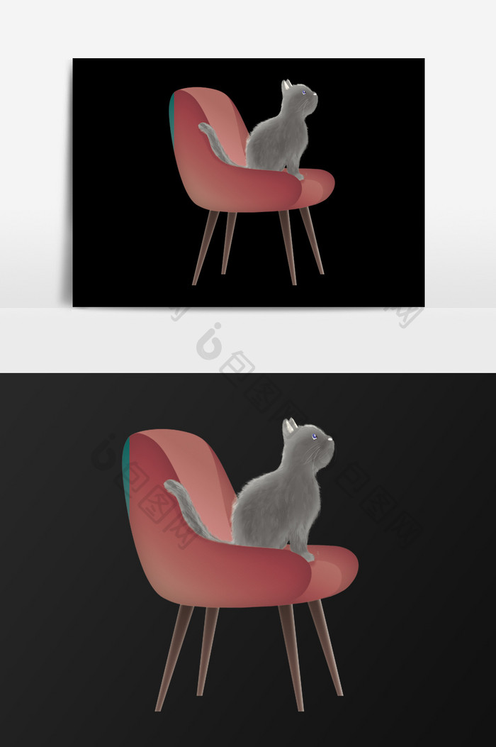 手绘椅子上的猫插画元素