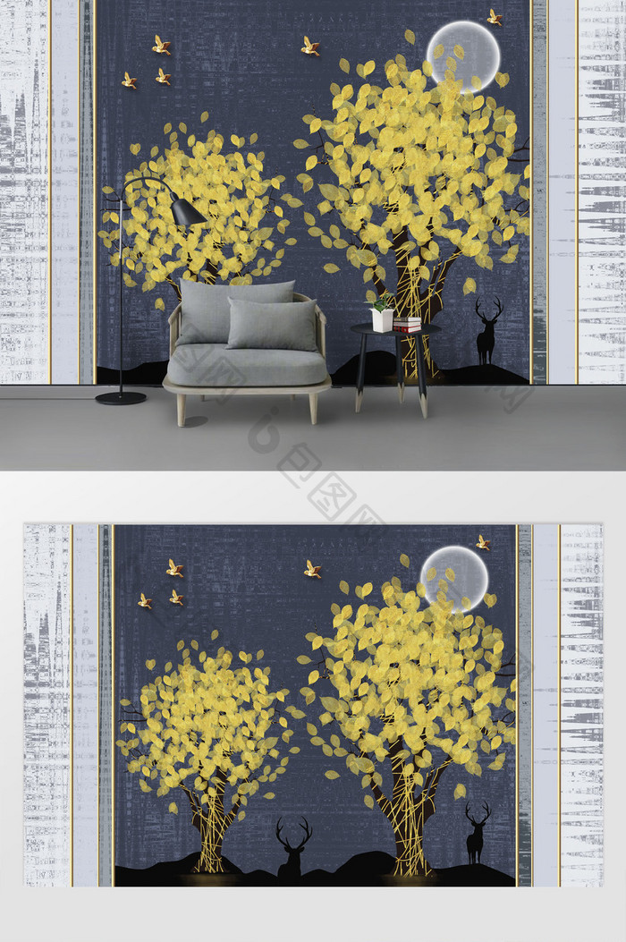 现代时尚黄色树叶麋鹿金色鸟月亮背景墙