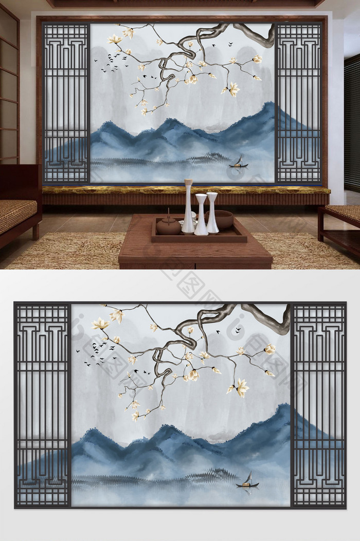中式大气水墨蓝色山花枝门框船意境背景墙