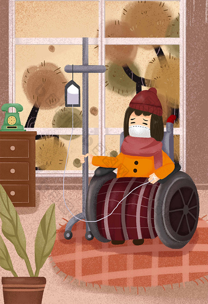 病人坐轮椅打点滴戴口罩插画