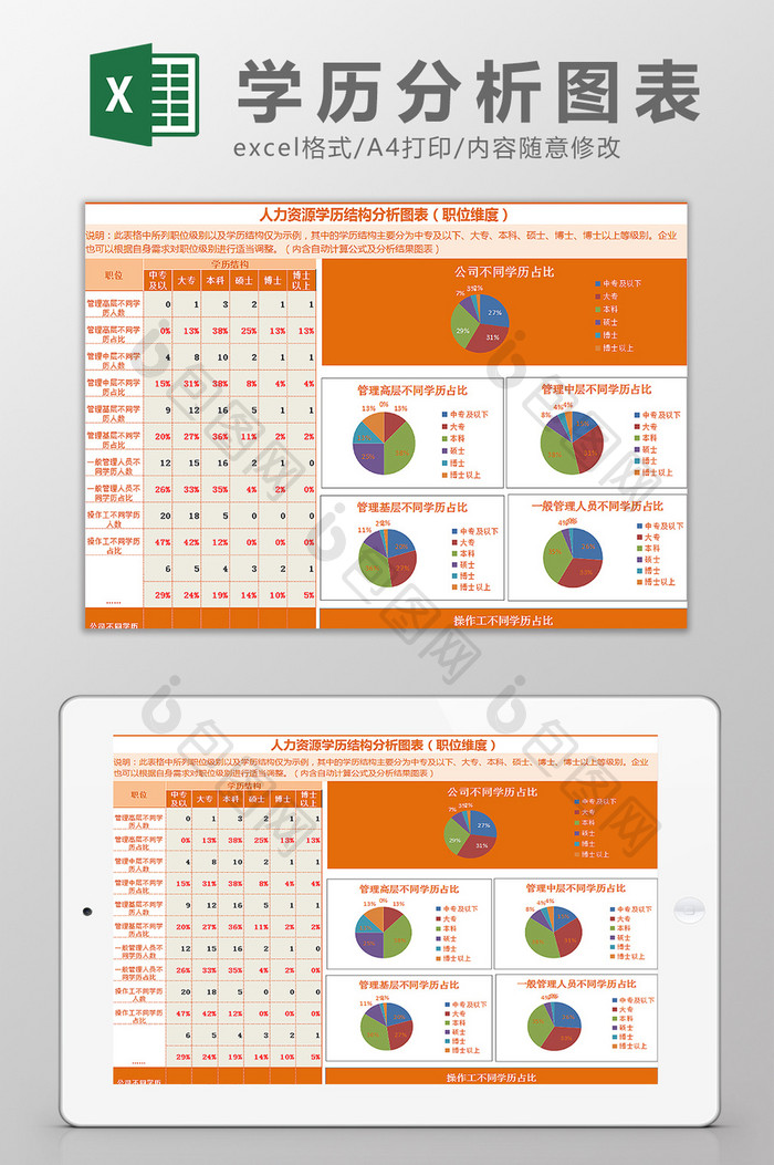 人力资源学历结构分析图表Excel模板