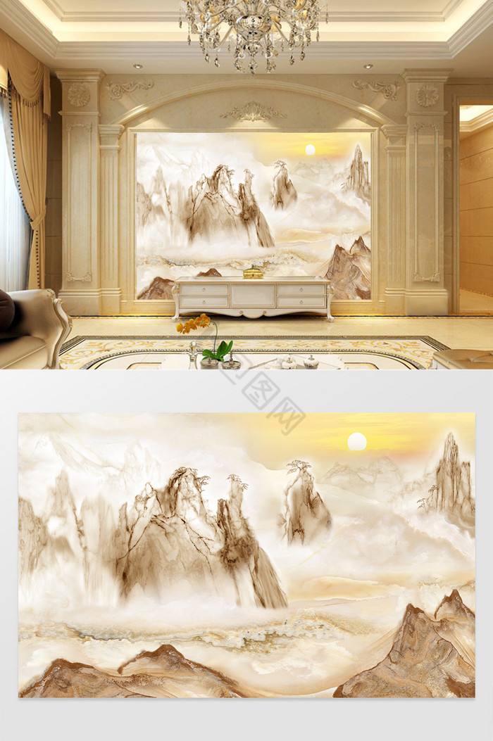新中式大理石纹山水情山水画大理石纹背景墙图片