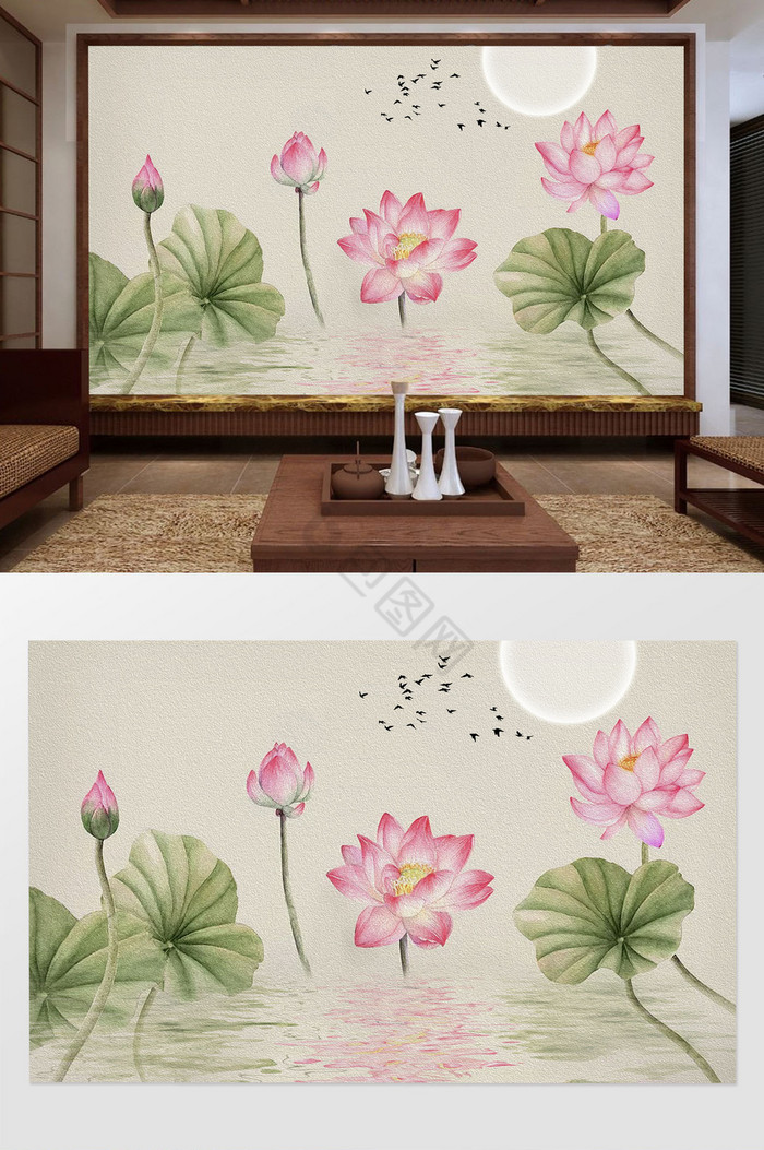 中式时尚大气粉色荷花荷叶倒影月亮鸟背景墙图片
