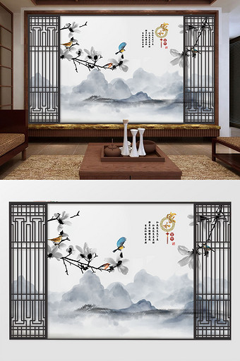 中式意境大气蓝色水墨山花枝书法背景墙图片