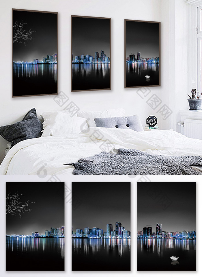 北欧风黑白城市风景客厅酒店卧室创意装饰画