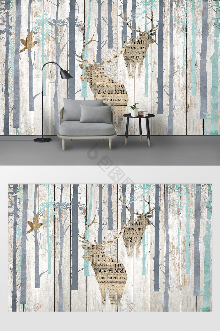 欧式复古木纹麋鹿背景墙图片
