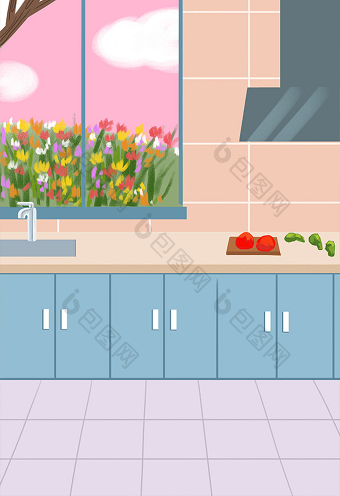 手绘厨房橱柜插画背景