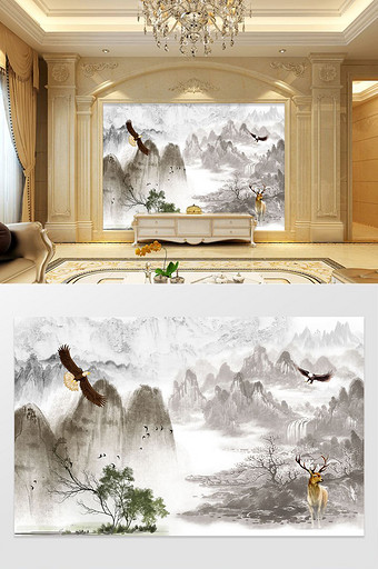 中式水墨画意境山水画小鹿飞鸟电视背景墙图片
