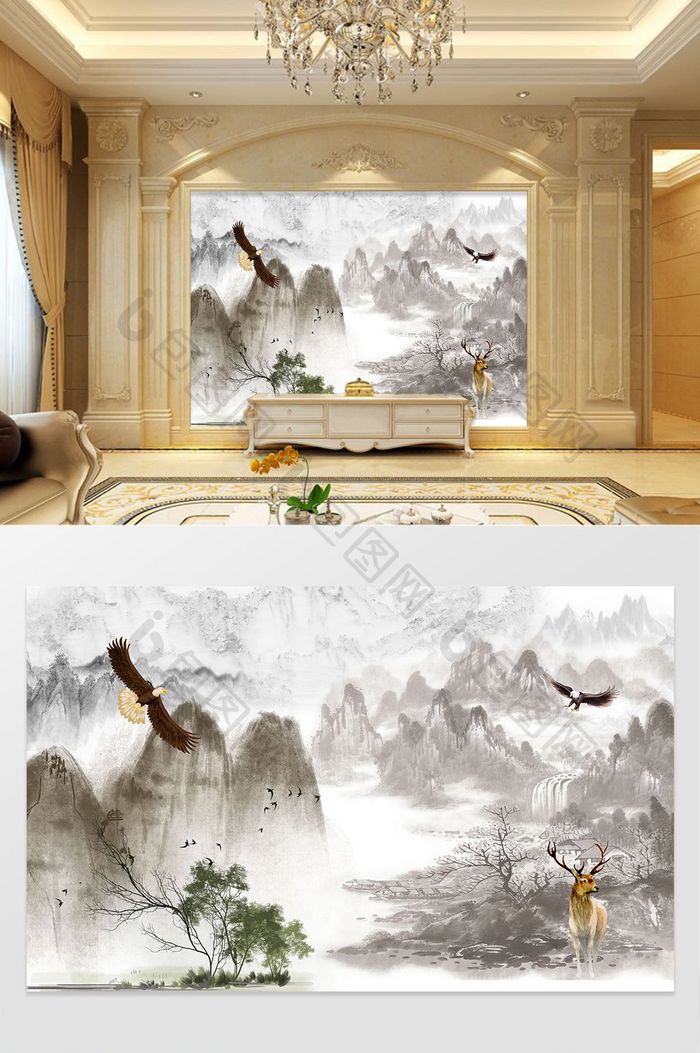 中式水墨画意境山水画小鹿飞鸟电视背景墙