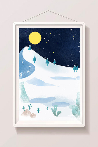 手绘晚上的雪景插画背景图片