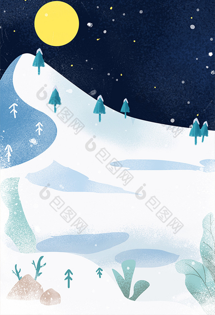 手绘晚上的雪景插画背景