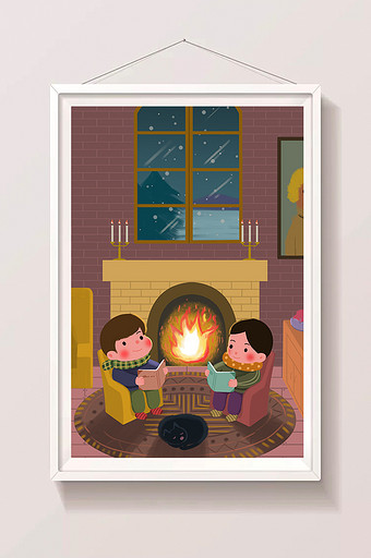 二十四节气小寒温暖房子里看书卡通插画图片