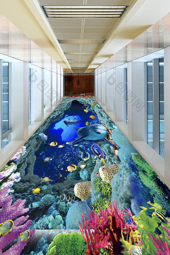 3D立体深海蓝洞海豚地板画