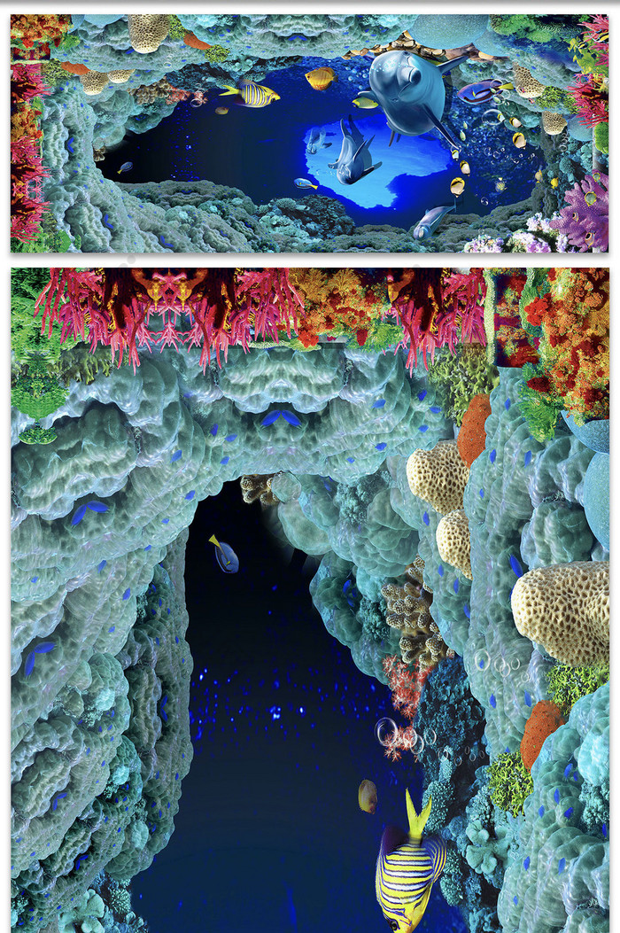 3D立体深海蓝洞海豚地板画