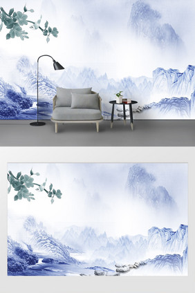 中式唯美水彩意境山水倒影背景墙