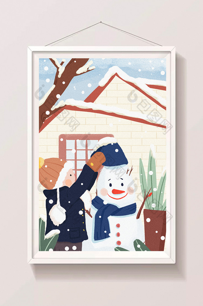 小寒冬季小雪小女孩堆雪人插画图片图片