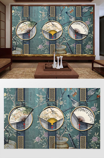 新中式古典折扇画框工笔花鸟背景墙图片