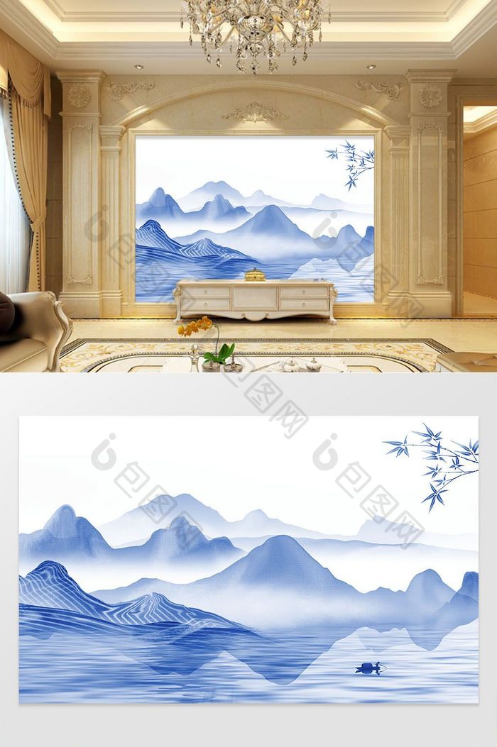 新中式抽象意境水墨山鸟金鱼门框油画背景墙
