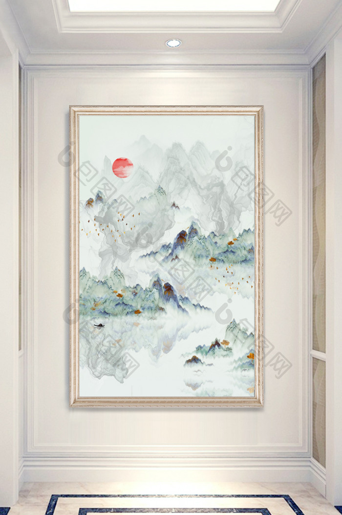 中式流水生财山水海纳百川玄关装饰画