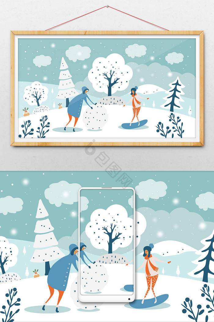 冬季雪景小伙伴滚雪球插画图片