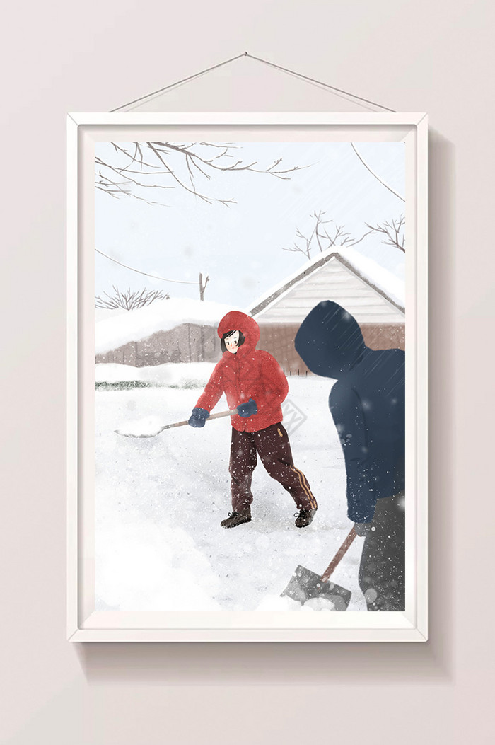 24节气之小寒两人铲雪插画图片