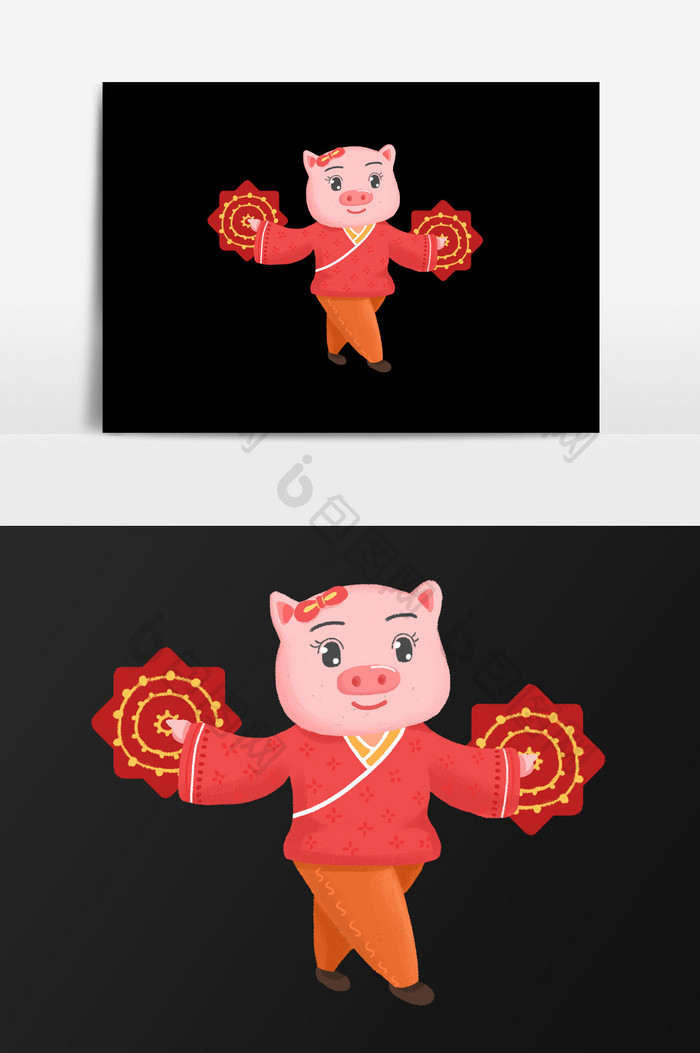 手绘玩手绢的猪插画元素