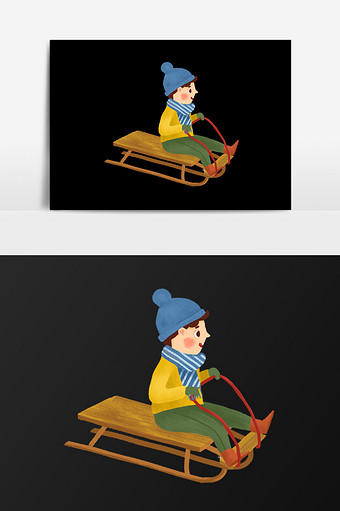 手绘滑雪橇的孩子插画元素图片