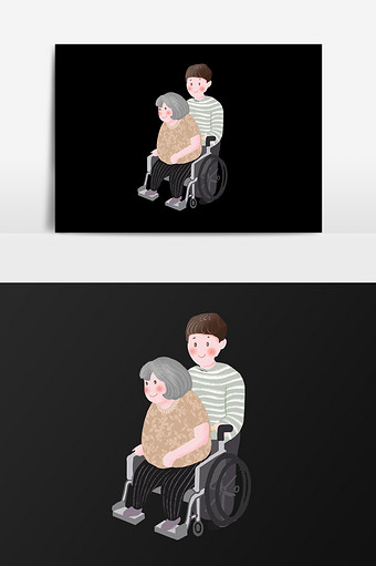 手绘推轮椅上的老人插画元素图片