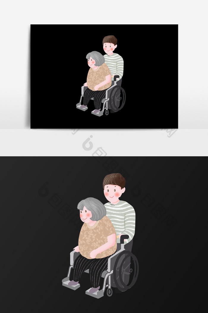 手绘推轮椅上的老人插画元素