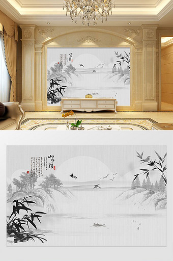新中式手绘山水花鸟黑白风景电视背景墙图片