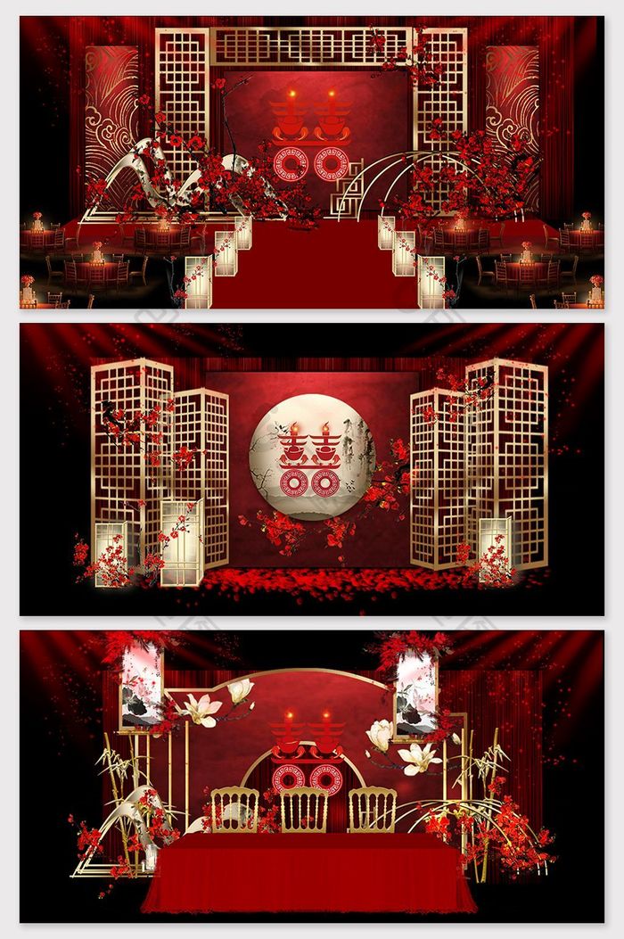 原创红色复古寿宴生日宴舞台背景效果图