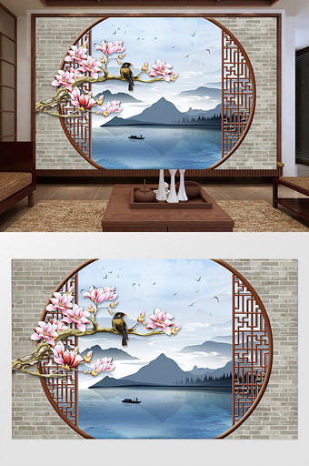 新中式山水风景梅花背景墙图片