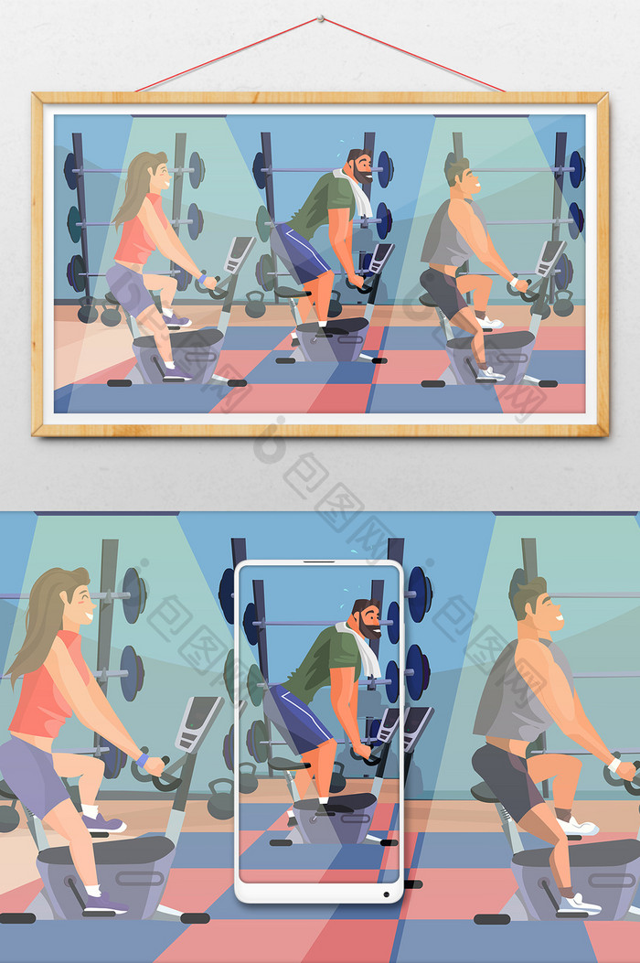 卡通运动健康年轻人健身房减肥生活方式插画