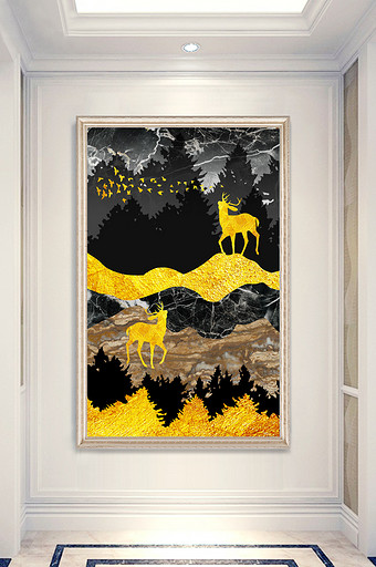 中式创意北欧金色麋鹿森林风景玄关装饰画图片