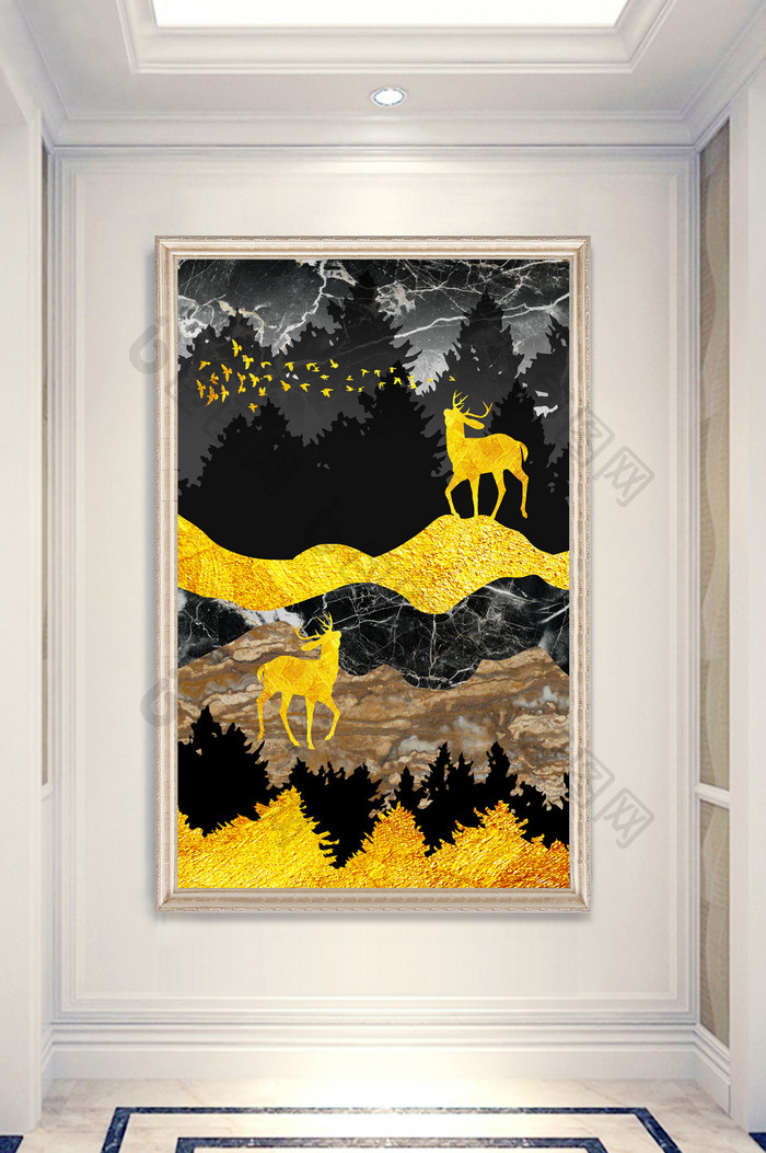 中式创意北欧金色麋鹿森林风景玄关装饰画