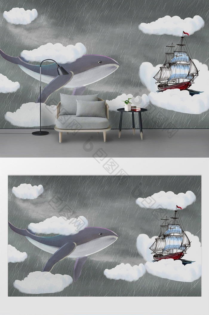 卡通大鲸鱼、海盗船冒险主题儿童房背景墙