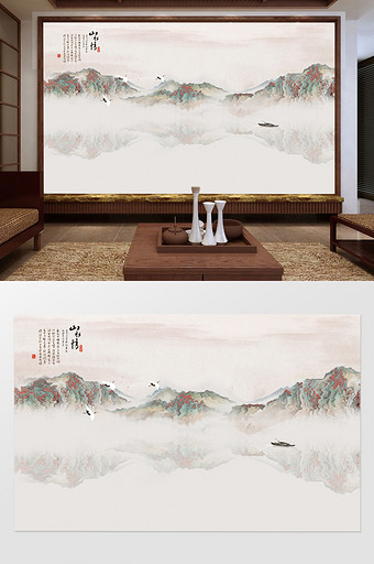 新中式意境水墨山水中国风电视沙发背景墙图片